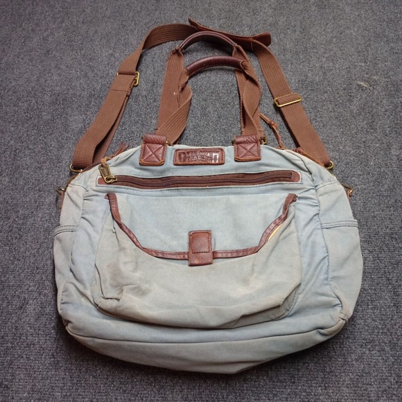 VTG Duluth Trading Co Laptop Messenger Canvas Bag Fade Blue Leather Trim Satchel - Picture 1 of 7